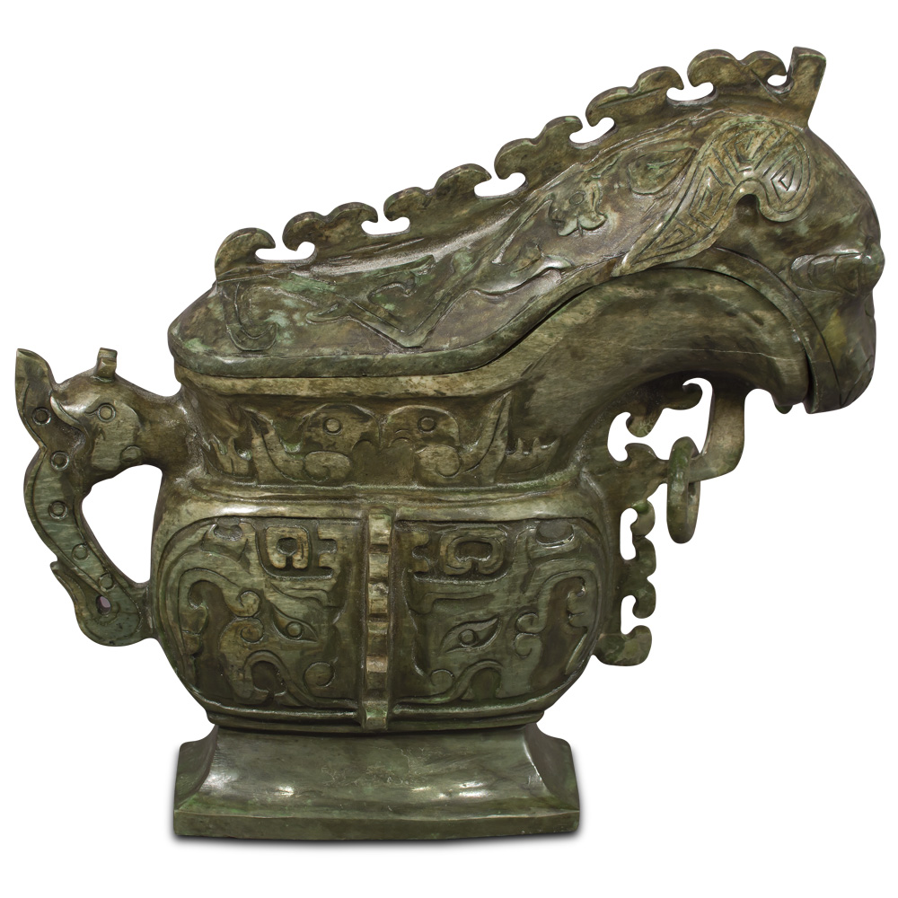 Hand Carved Jade Chinese Shang Dynasty Motif Ewer with Removable Lid