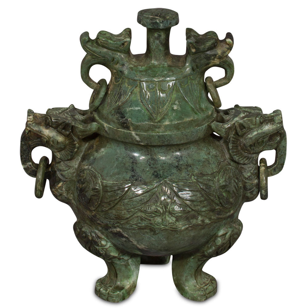 Hand carved Jade Winged Lion Incense Burner with Removable Lid