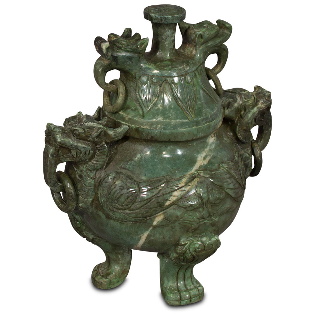 Hand carved Jade Winged Lion Incense Burner with Removable Lid