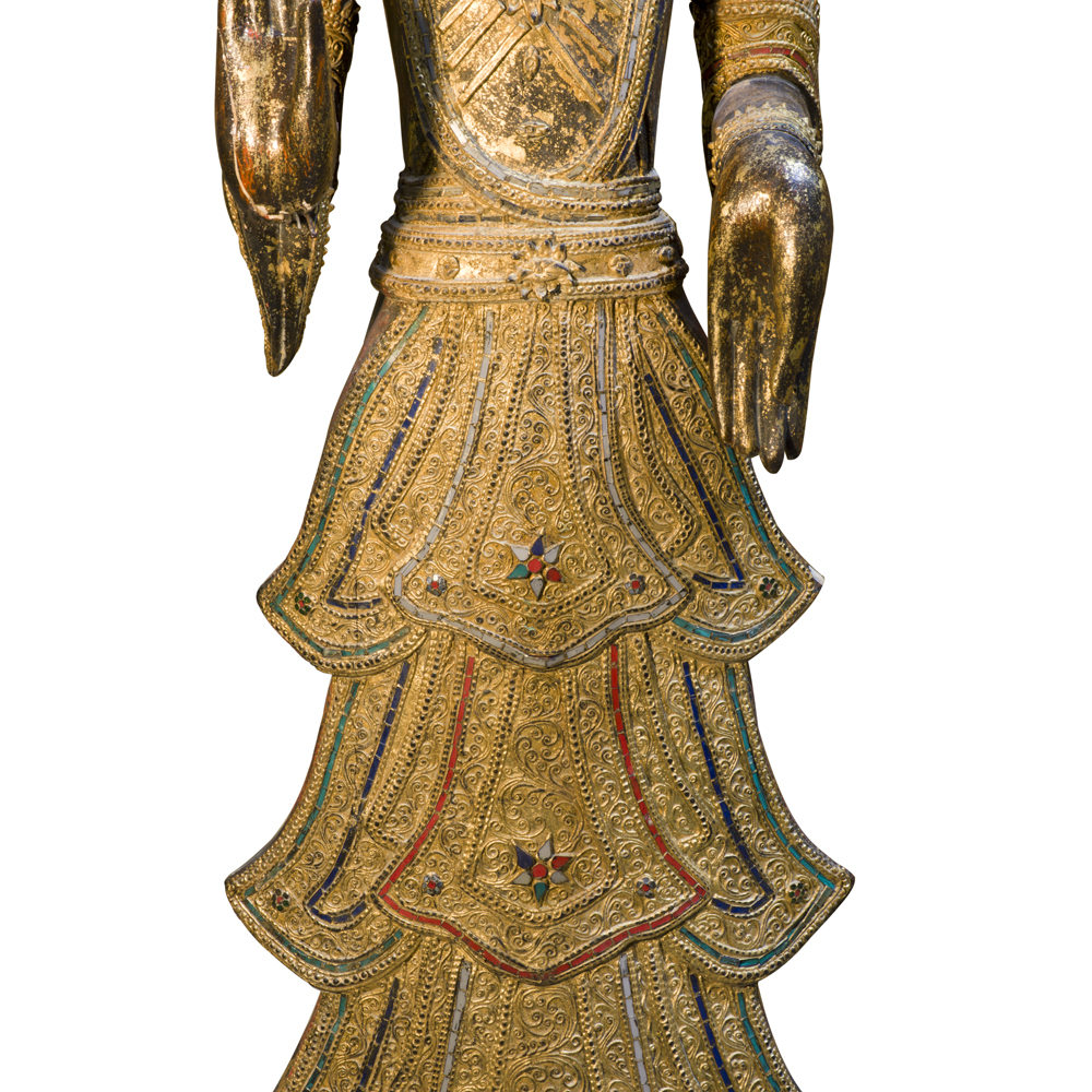 Gilded Teak Wood Standing Thai Buddha Statue