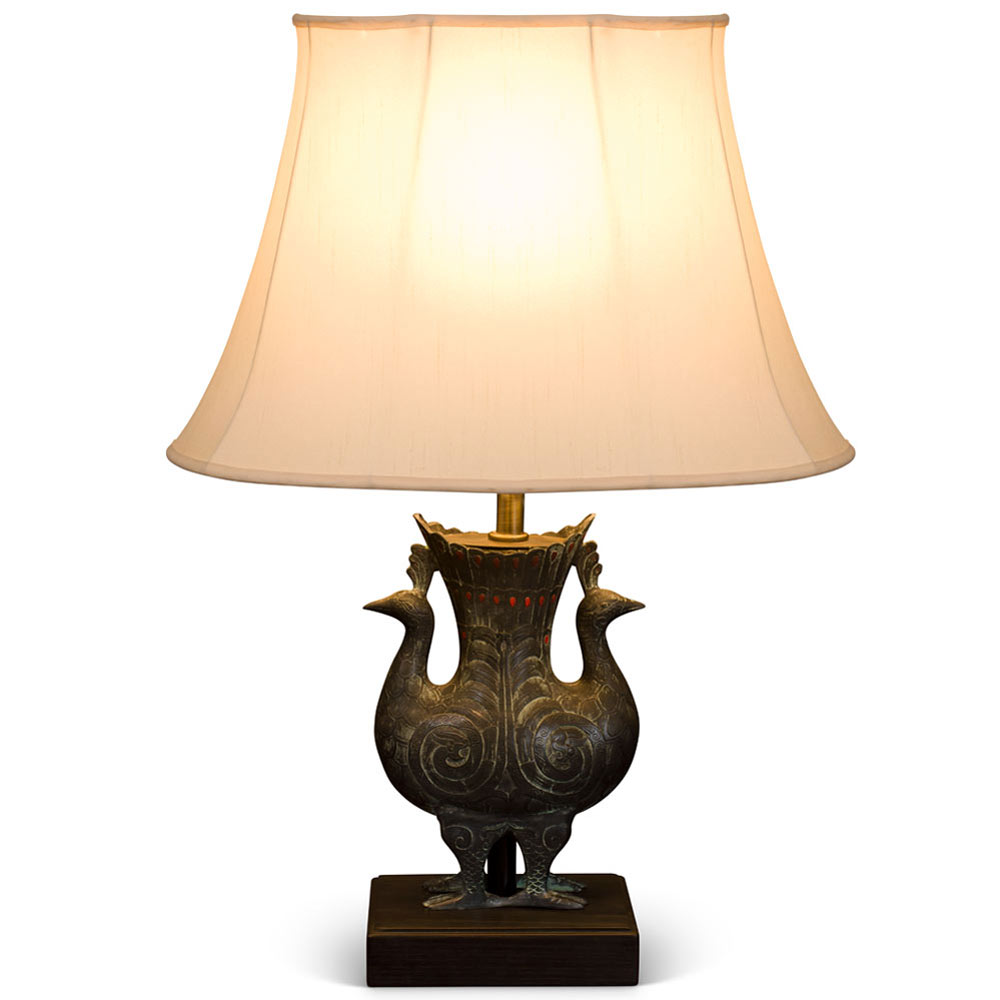 Shang Dynasty Double Peacock Motif Bronze Vessel Chinese Lamp with Silk Shade