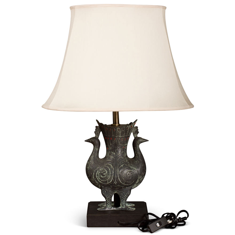 Shang Dynasty Double Peacock Motif Bronze Vessel Chinese Lamp with Silk Shade