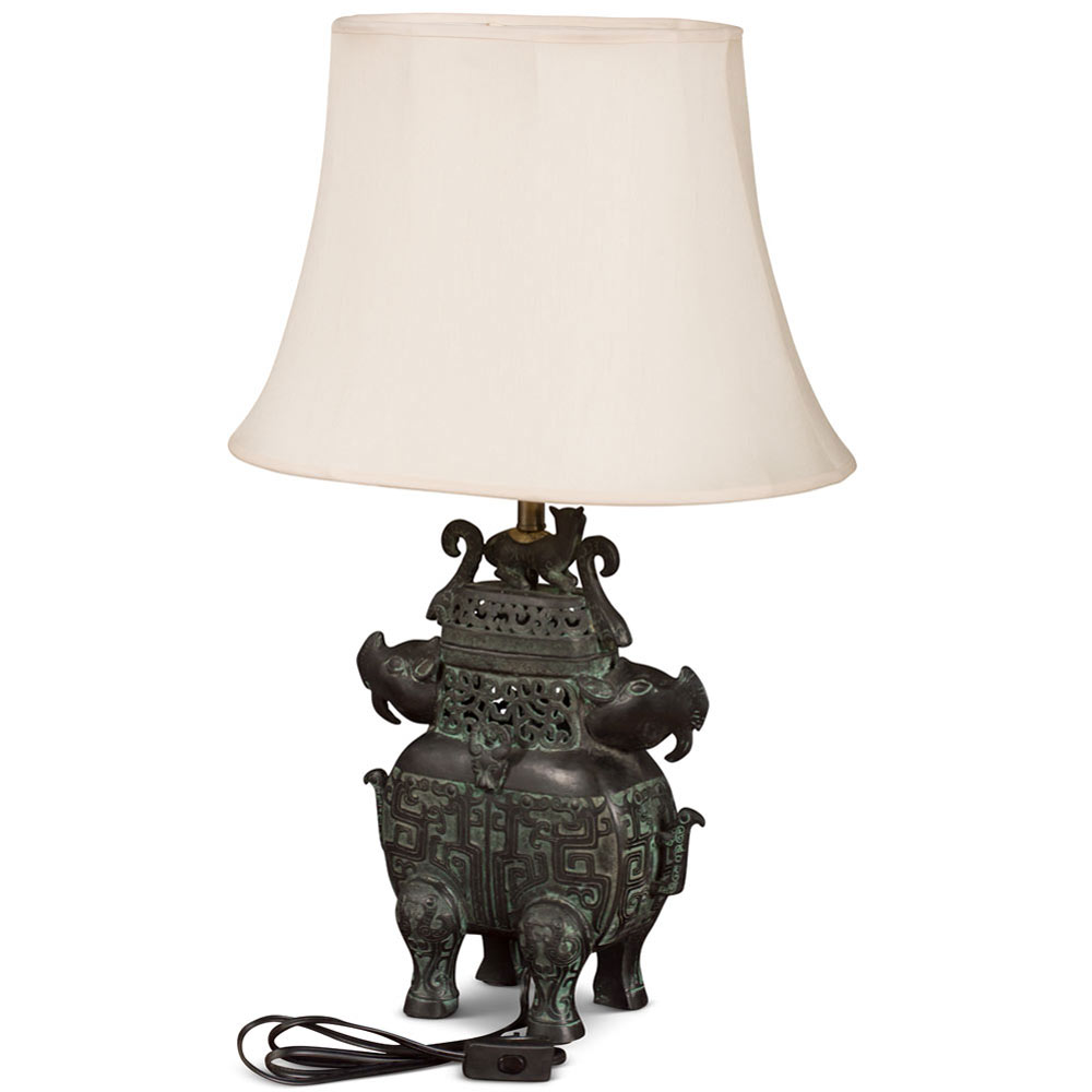 Shang Dynasty Double Rhino Motif Bronze Censer Chinese Lamp with Silk Shade