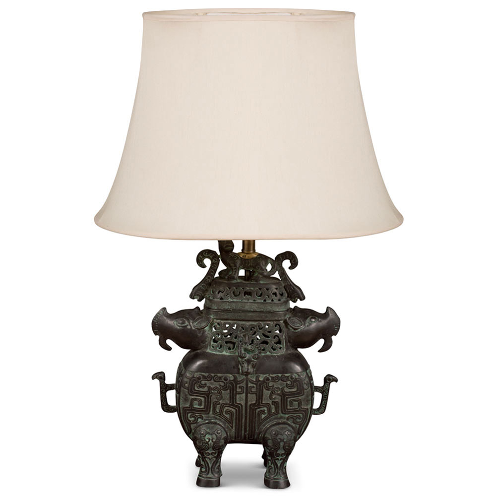 Shang Dynasty Double Rhino Motif Bronze Censer Chinese Lamp with Silk Shade
