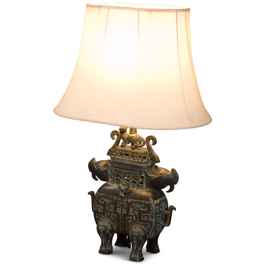 Shang Dynasty Double Rhino Motif Bronze Censer Chinese Lamp with Silk Shade