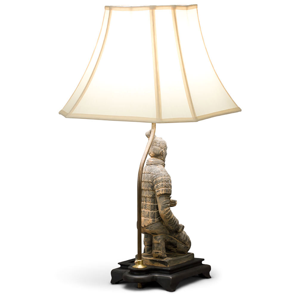 Terracotta Kneeling Archer Warrior Lamp with Beige Shade