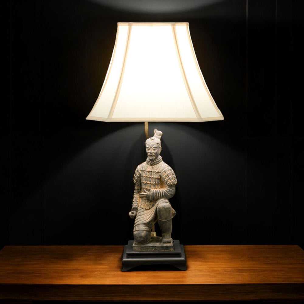 Terracotta Kneeling Archer Warrior Lamp with Beige Shade