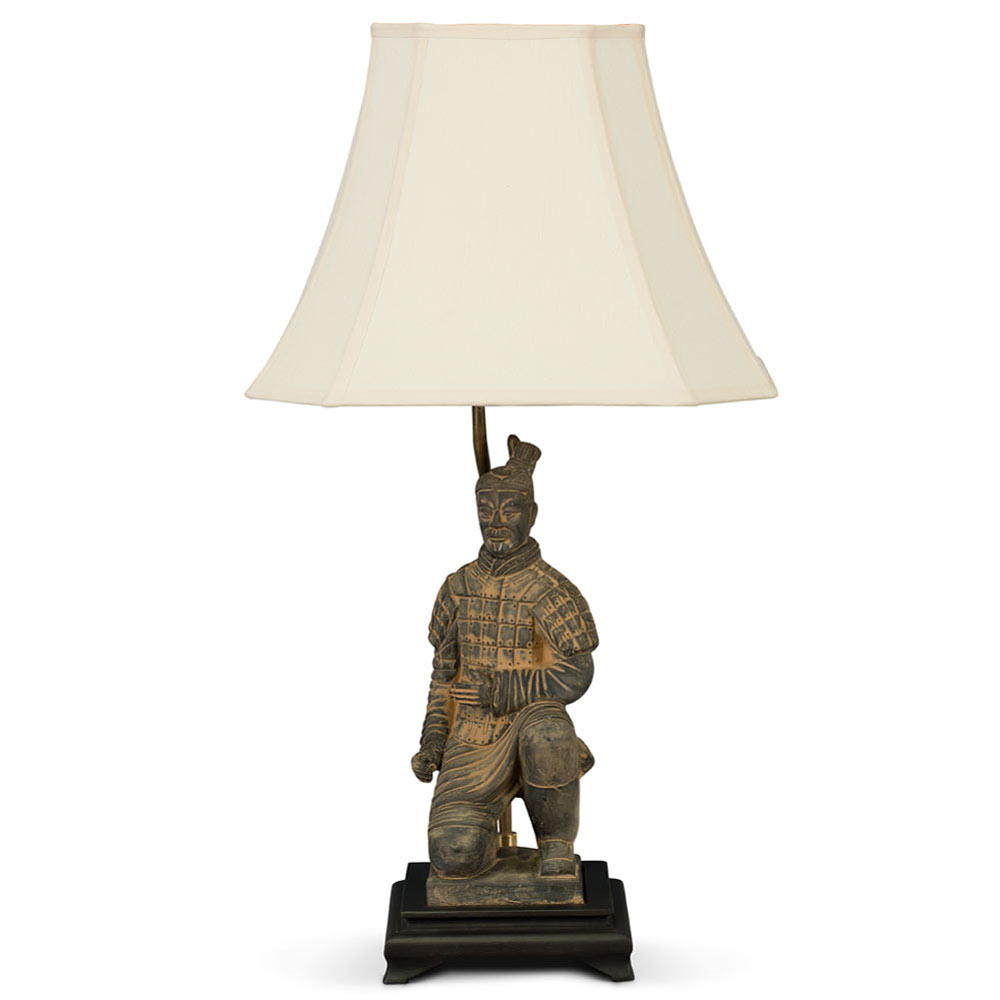 Terracotta Kneeling Archer Warrior Lamp with Beige Shade