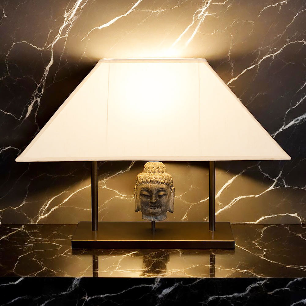 Stone Buddha Head Motif Chinese Lamp with Silk Shade