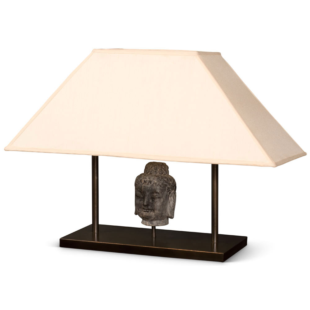 Stone Buddha Head Motif Chinese Lamp with Silk Shade