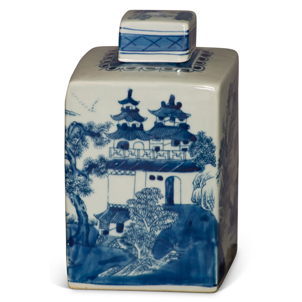 Blue and White Porcelain Chinese Tea Jar with Pagoda Scenery Motif