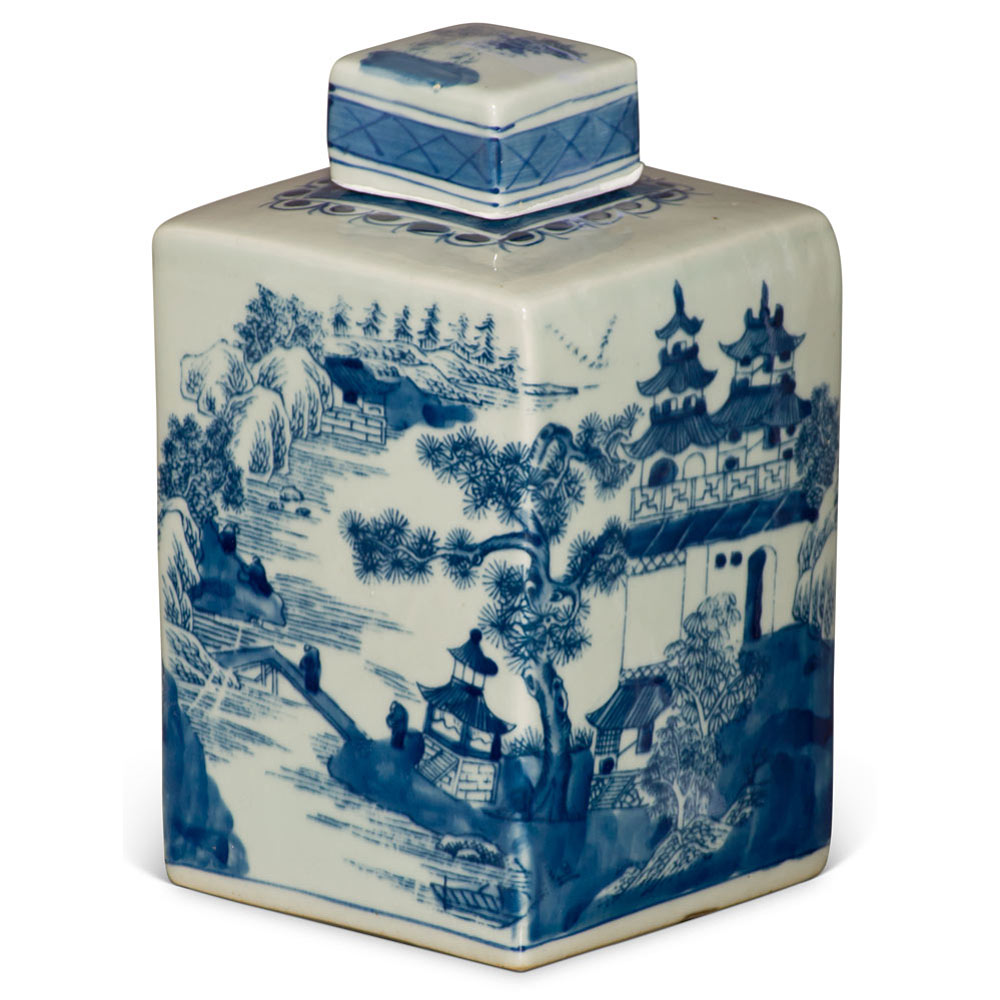 Blue and White Porcelain Chinese Tea Jar with Pagoda Scenery Motif