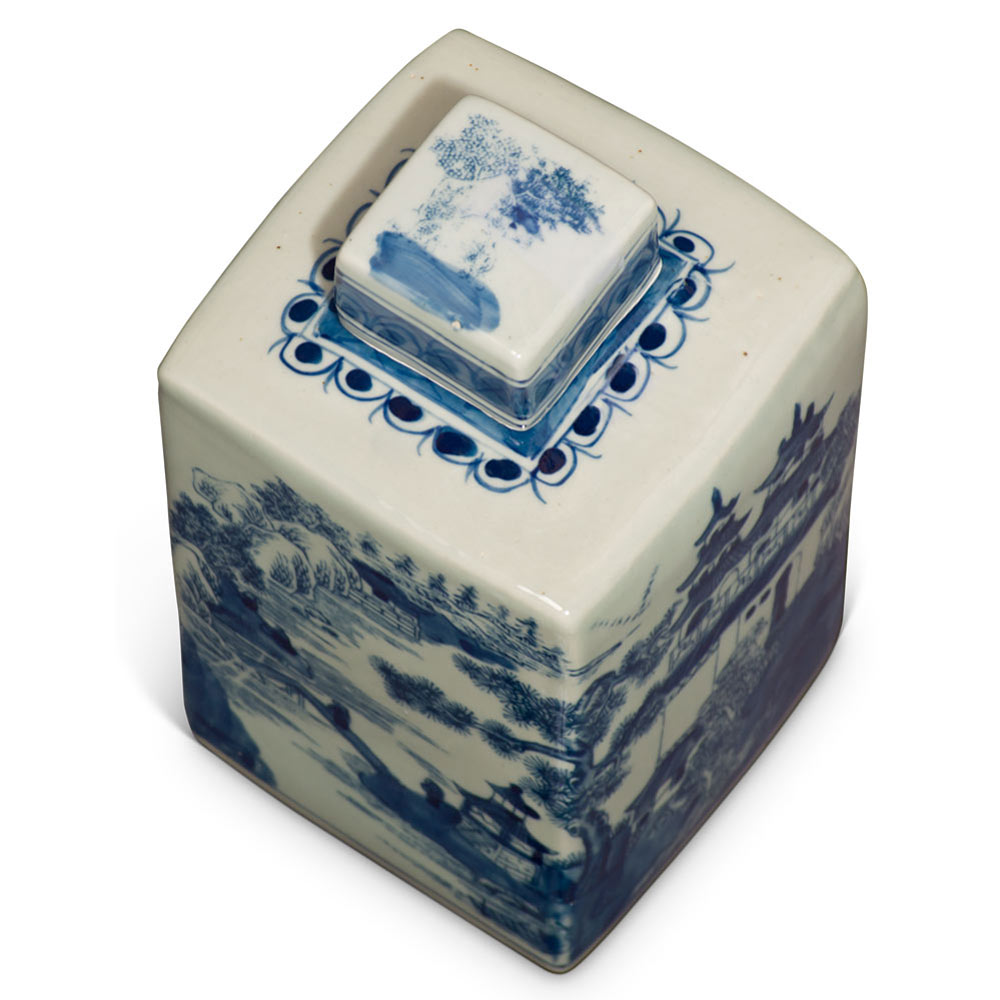 Blue and White Porcelain Chinese Tea Jar with Pagoda Scenery Motif