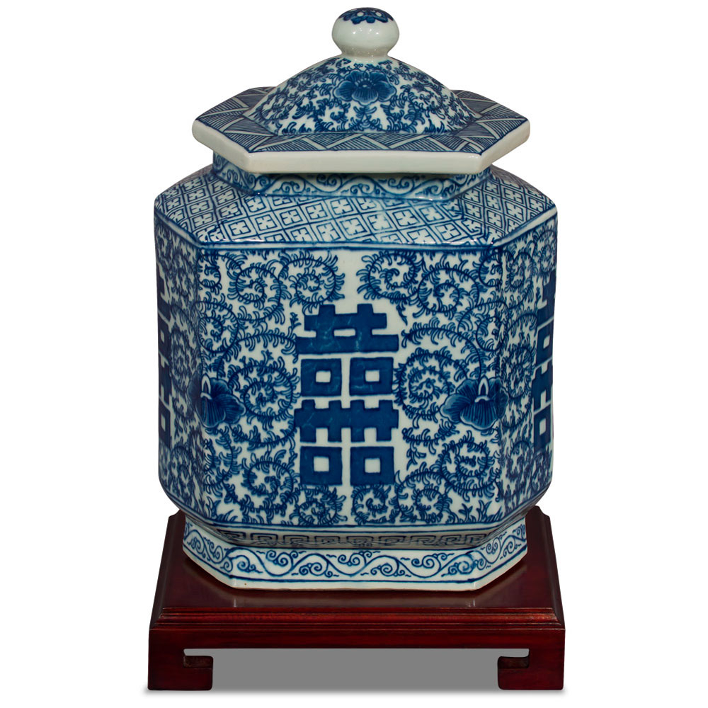 Blue and White Double Happiness Porcelain Chinese Tea Jar