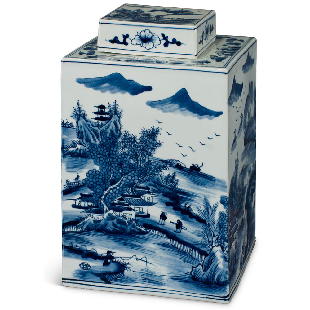 Blue and White Porcelain Scenery Chinese Tea Jar