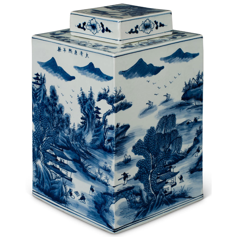 Blue and White Porcelain Scenery Chinese Tea Jar