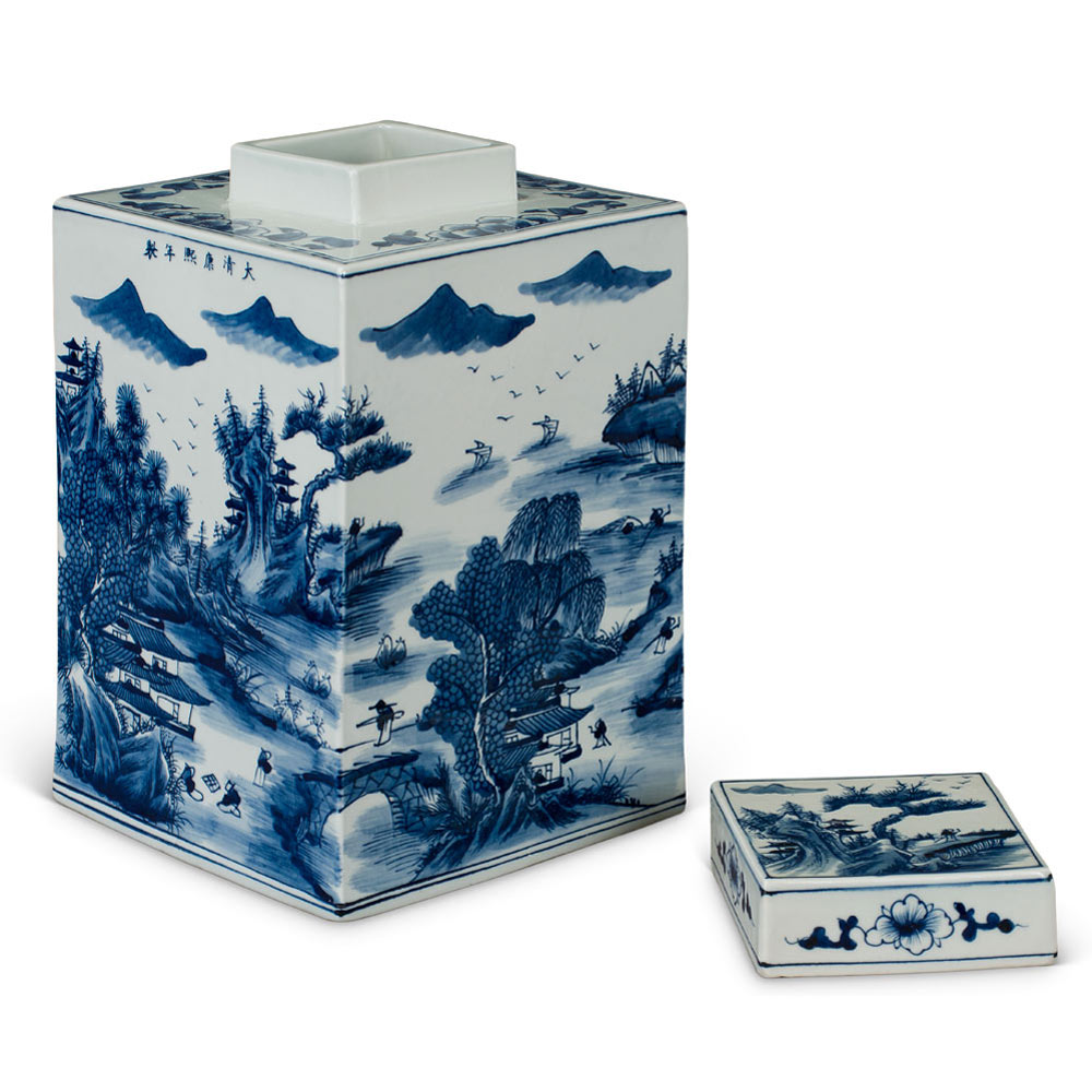 Blue and White Porcelain Scenery Chinese Tea Jar