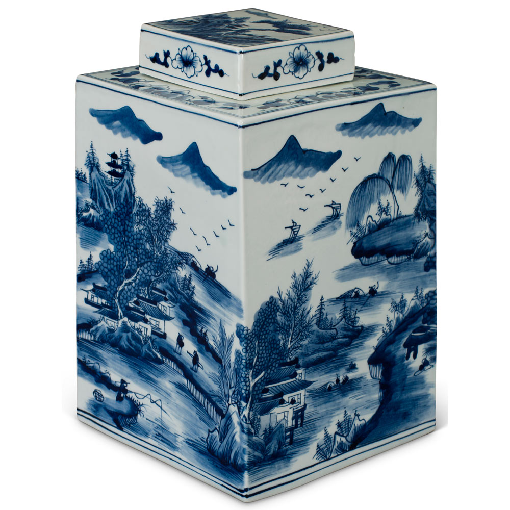 Blue and White Porcelain Scenery Chinese Tea Jar