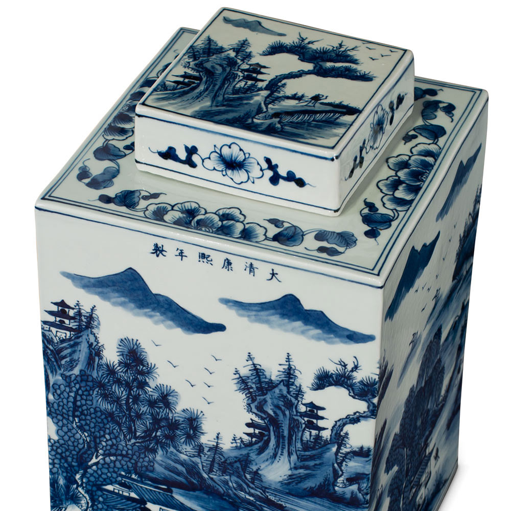 Blue and White Porcelain Scenery Chinese Tea Jar