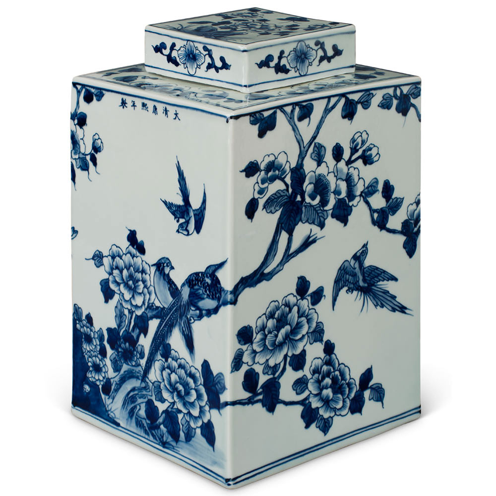 Blue and White Porcelain Flower and Birds Chinese Tea Jar