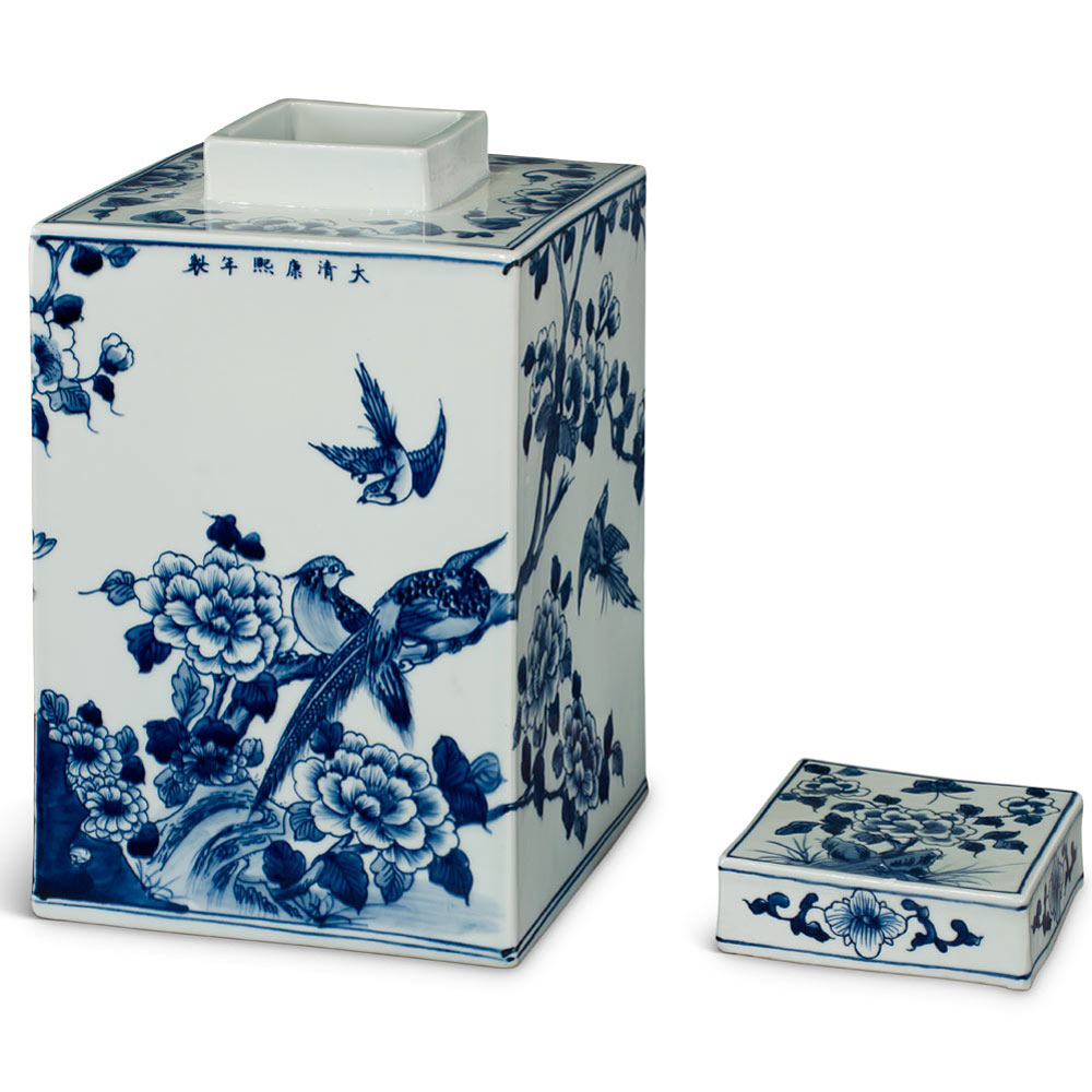 Blue and White Porcelain Flower and Birds Chinese Tea Jar