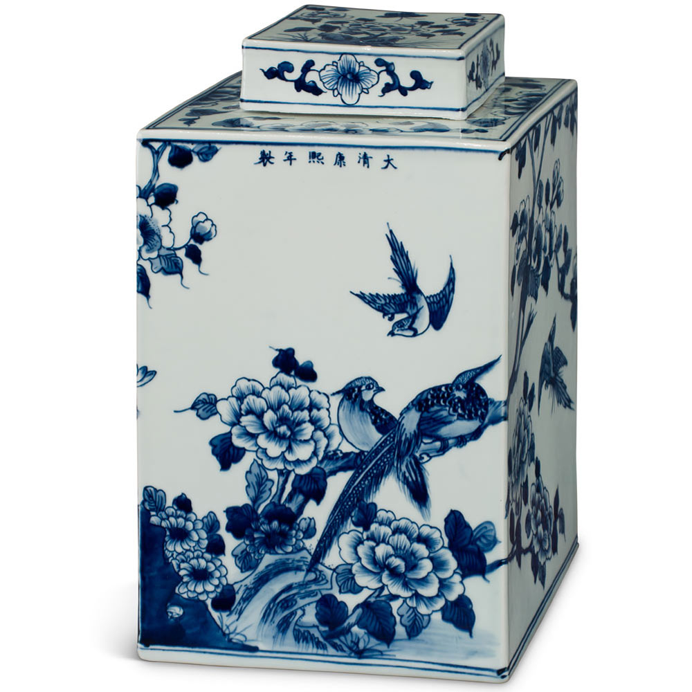 Blue and White Porcelain Flower and Birds Chinese Tea Jar