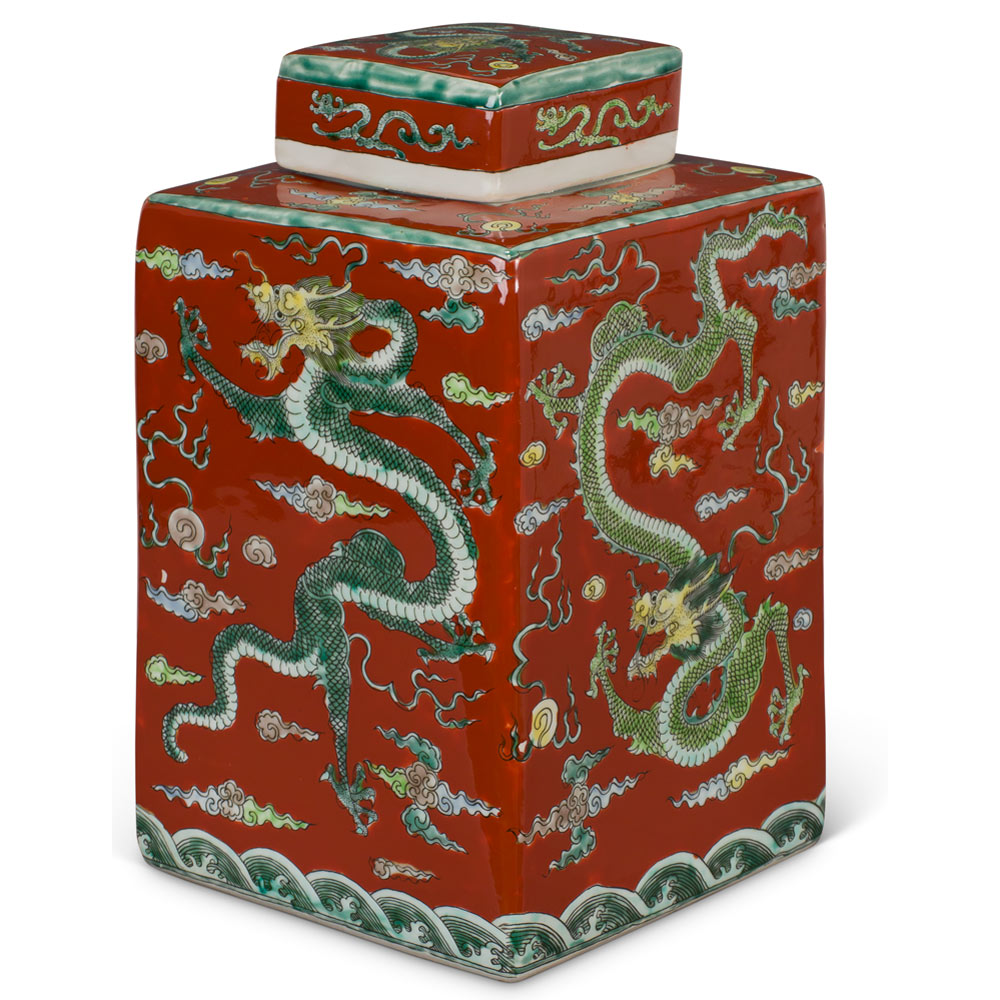 Maroon Red Chinese Square Porcelain Tea Jar with Imperial Dragon Motif