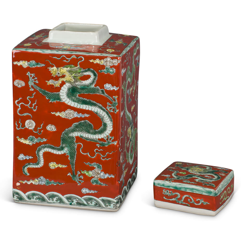 Maroon Red Chinese Square Porcelain Tea Jar with Imperial Dragon Motif