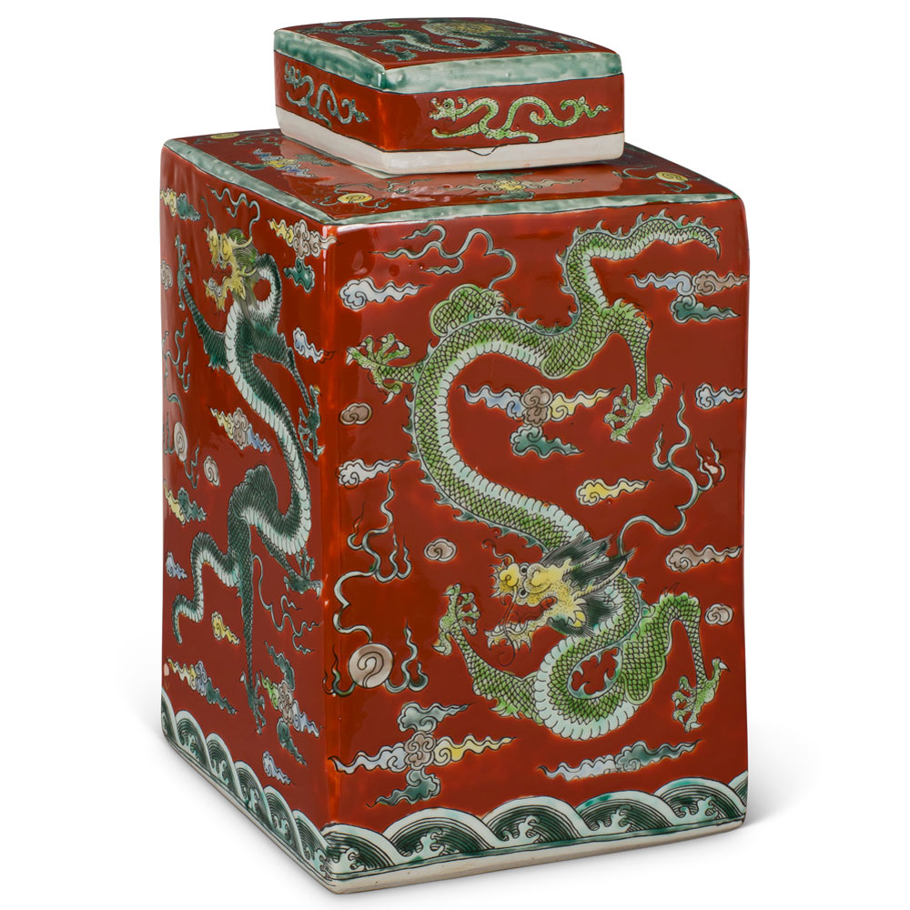 Maroon Red Chinese Square Porcelain Tea Jar with Imperial Dragon Motif