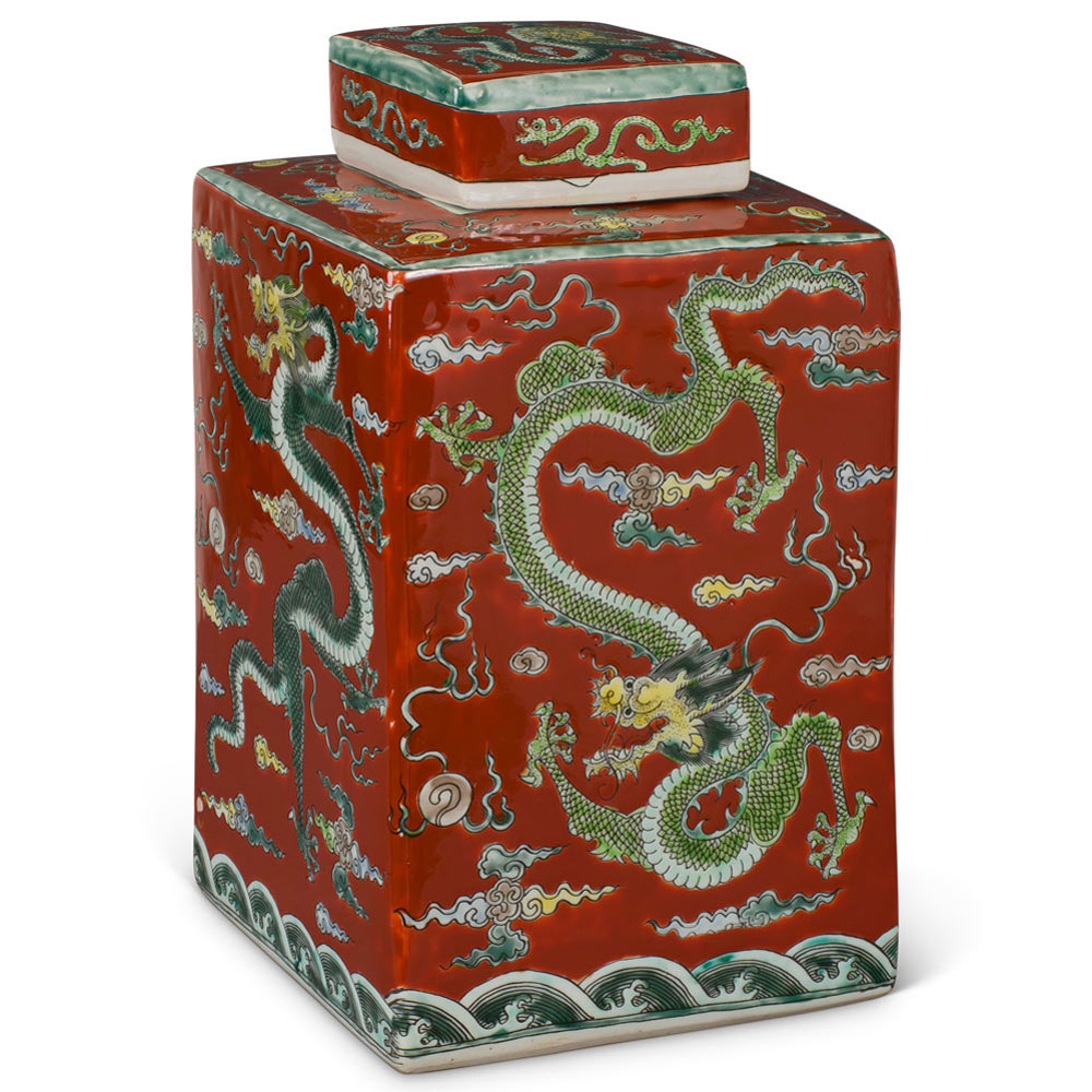 Maroon Red Chinese Square Porcelain Tea Jar with Imperial Dragon Motif