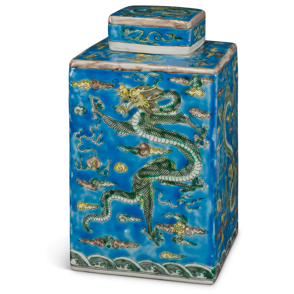 Light Blue Chinese Square Porcelain Tea Jar with Imperial Dragon Motif