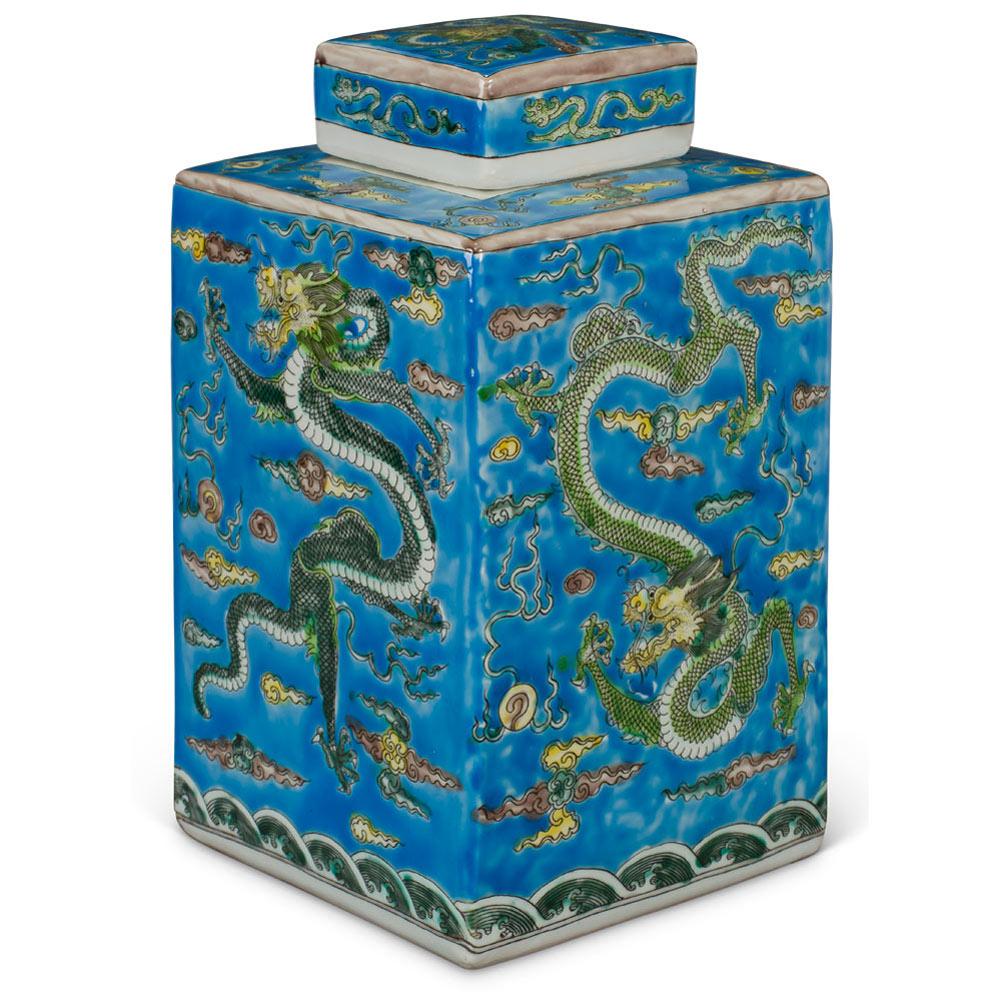 Light Blue Chinese Square Porcelain Tea Jar with Imperial Dragon Motif