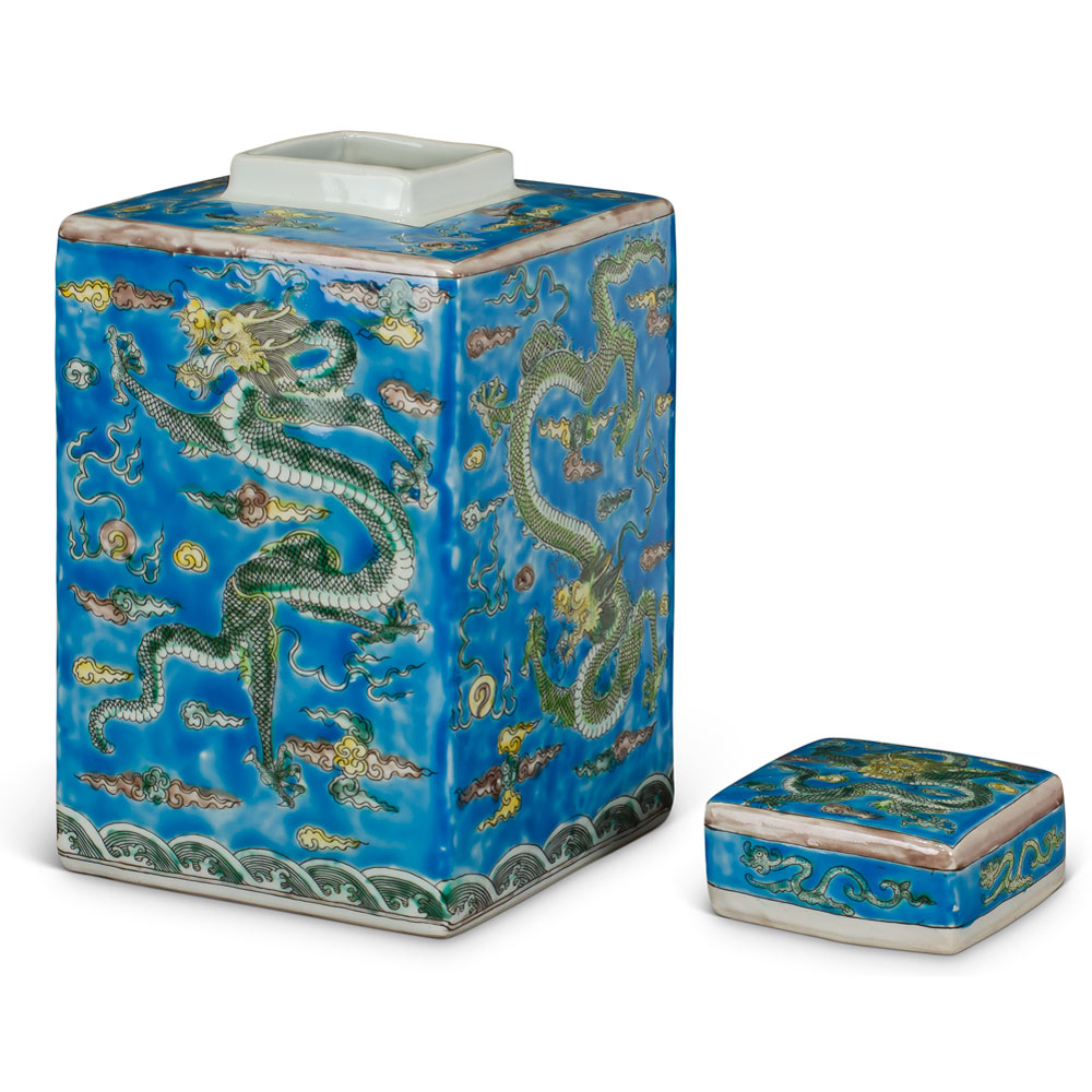 Light Blue Chinese Square Porcelain Tea Jar with Imperial Dragon Motif