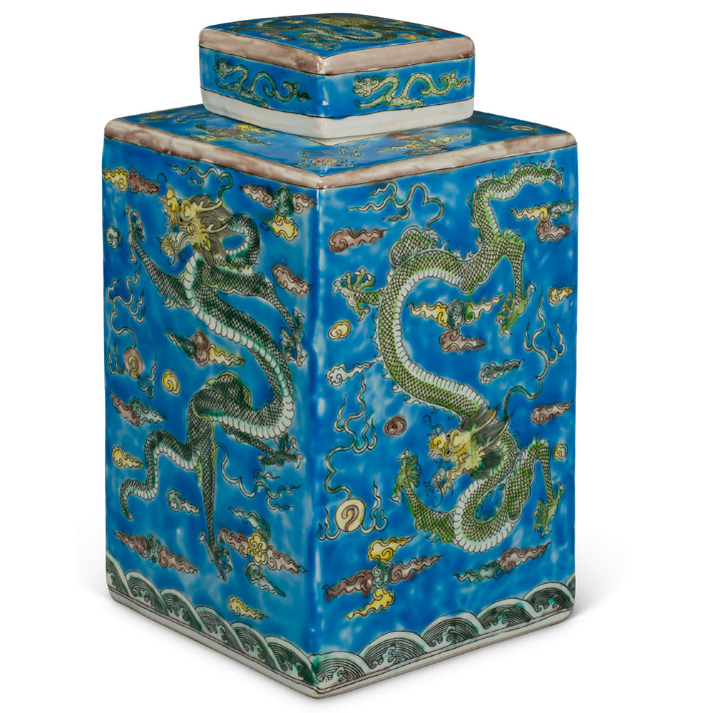 Light Blue Chinese Square Porcelain Tea Jar with Imperial Dragon Motif