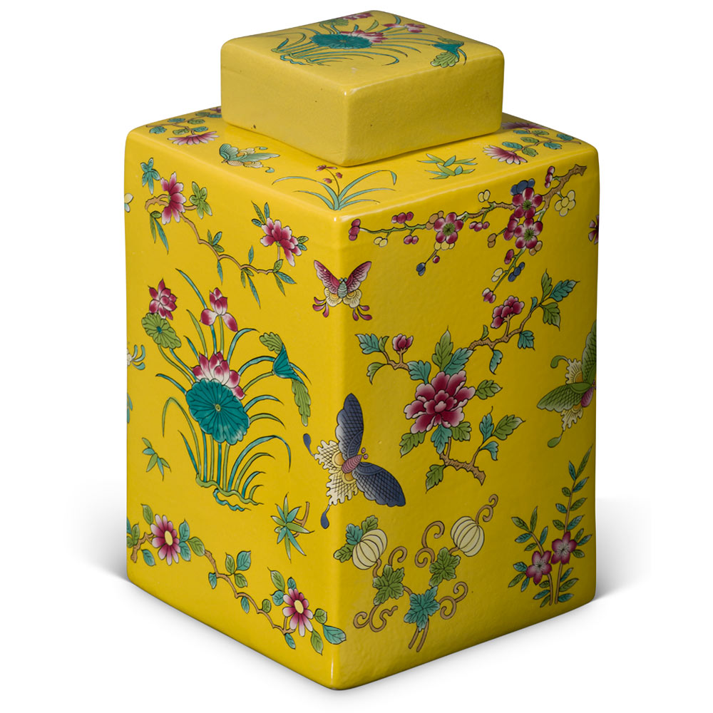 Yellow Rectangular Porcelain Tea Jar with Lotus and Butterfly Motif