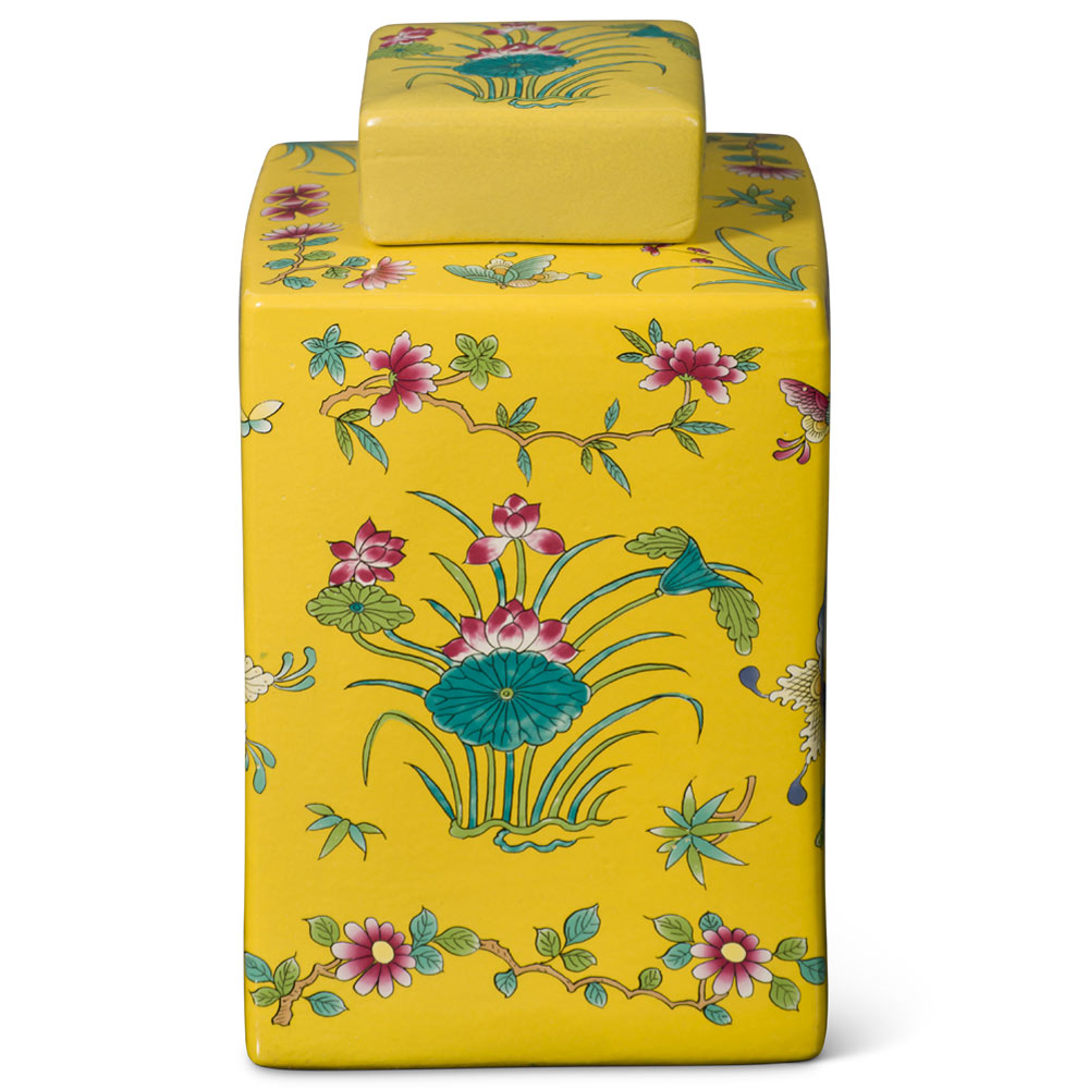 Yellow Rectangular Porcelain Tea Jar with Lotus and Butterfly Motif