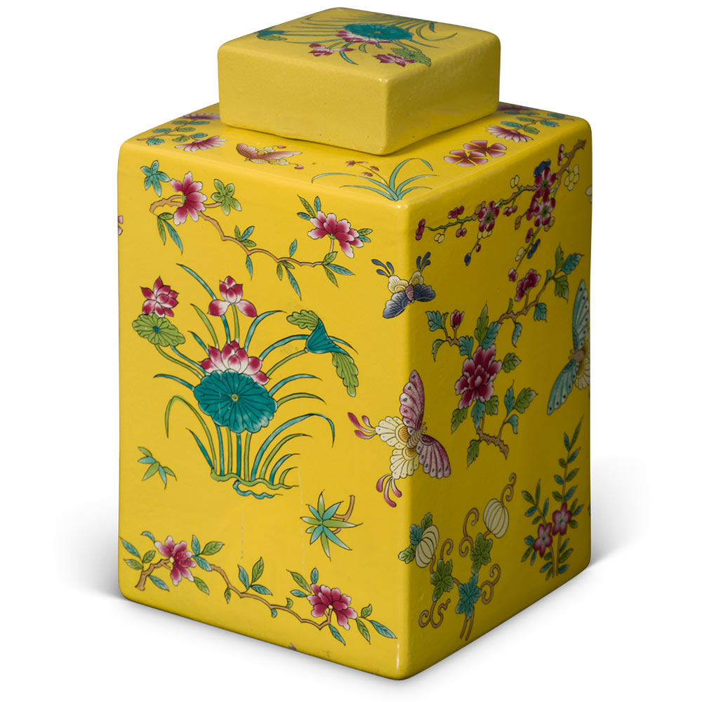 Yellow Rectangular Porcelain Tea Jar with Lotus and Butterfly Motif