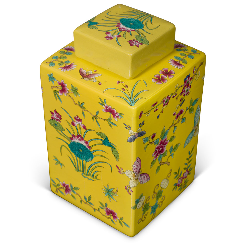 Yellow Rectangular Porcelain Tea Jar with Lotus and Butterfly Motif