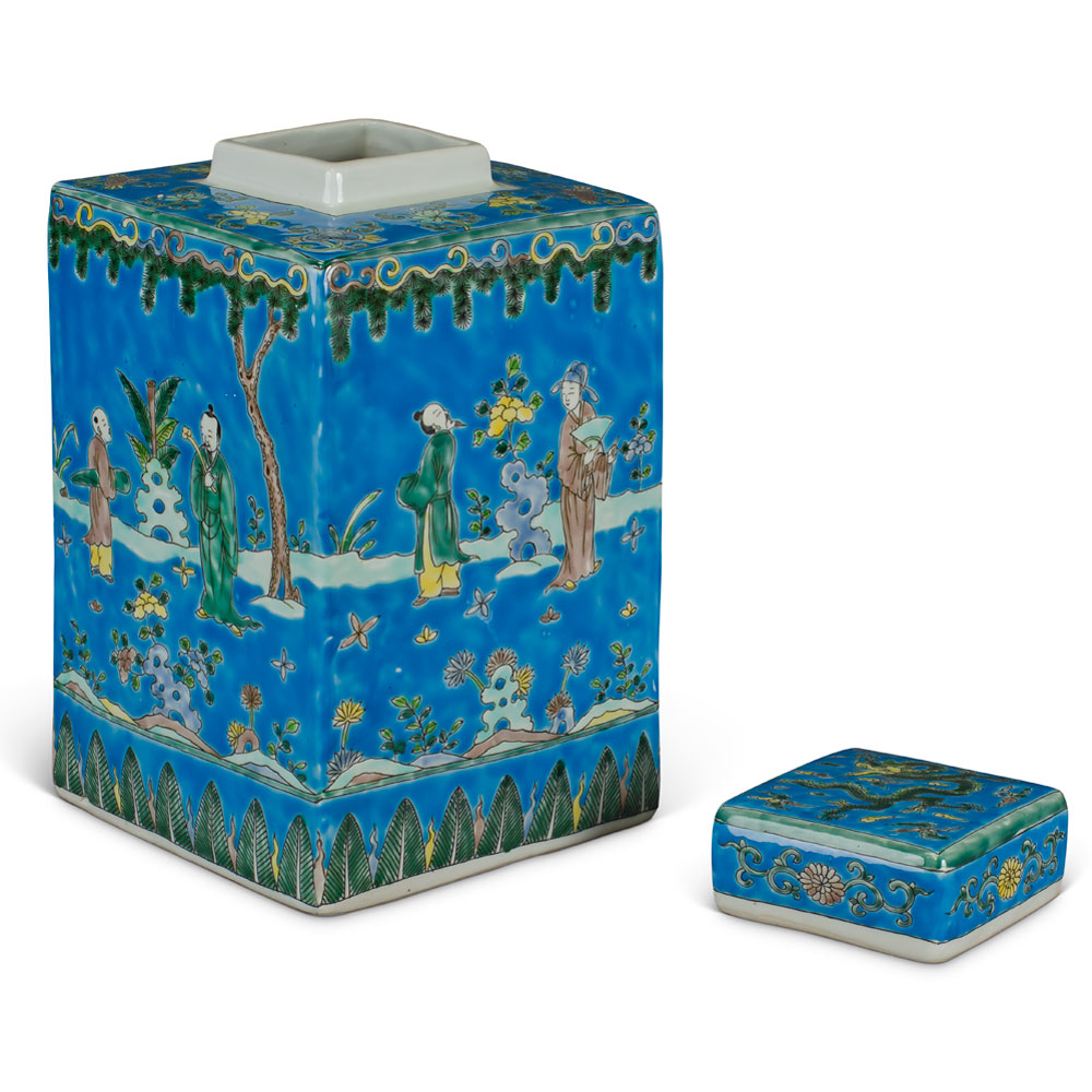 Light Blue Chinese Square Porcelain Tea Jar with Figurine Motif