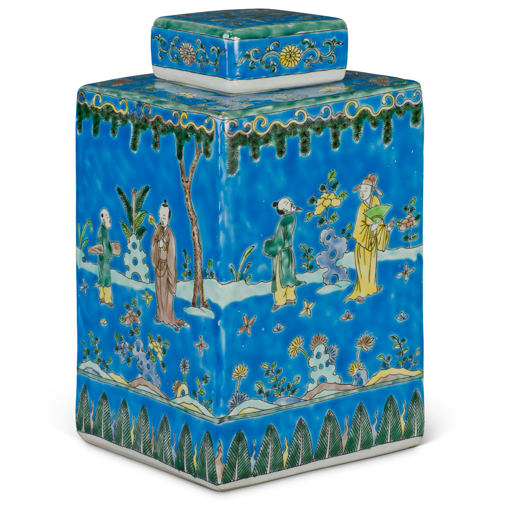 Light Blue Chinese Square Porcelain Tea Jar with Figurine Motif