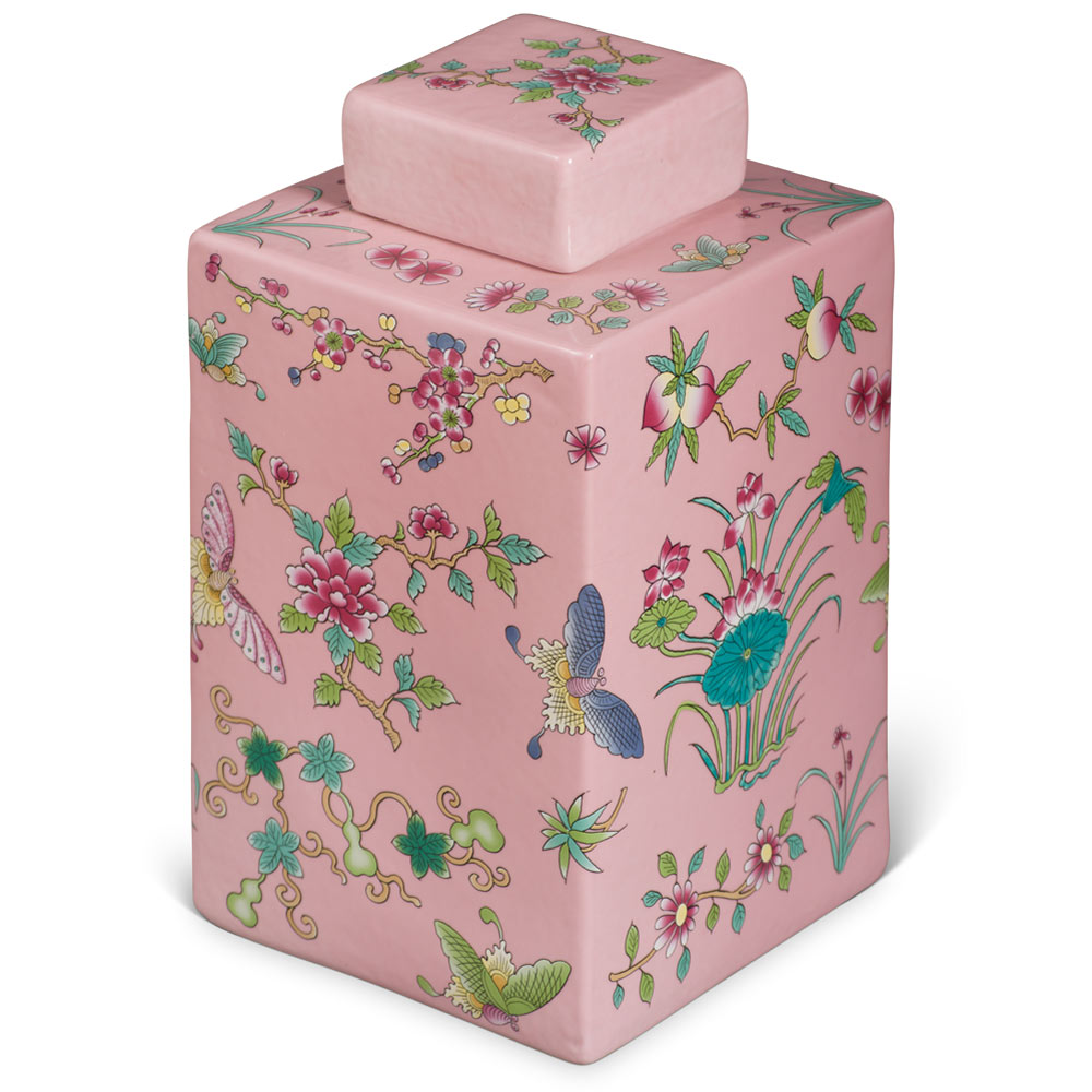 Rose Pink Rectangular Chinese Porcelain Tea Jar with Lotus and Butterfly Motif