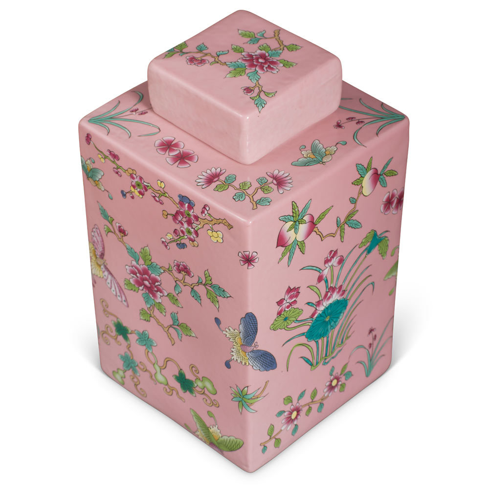 Rose Pink Rectangular Chinese Porcelain Tea Jar with Lotus and Butterfly Motif