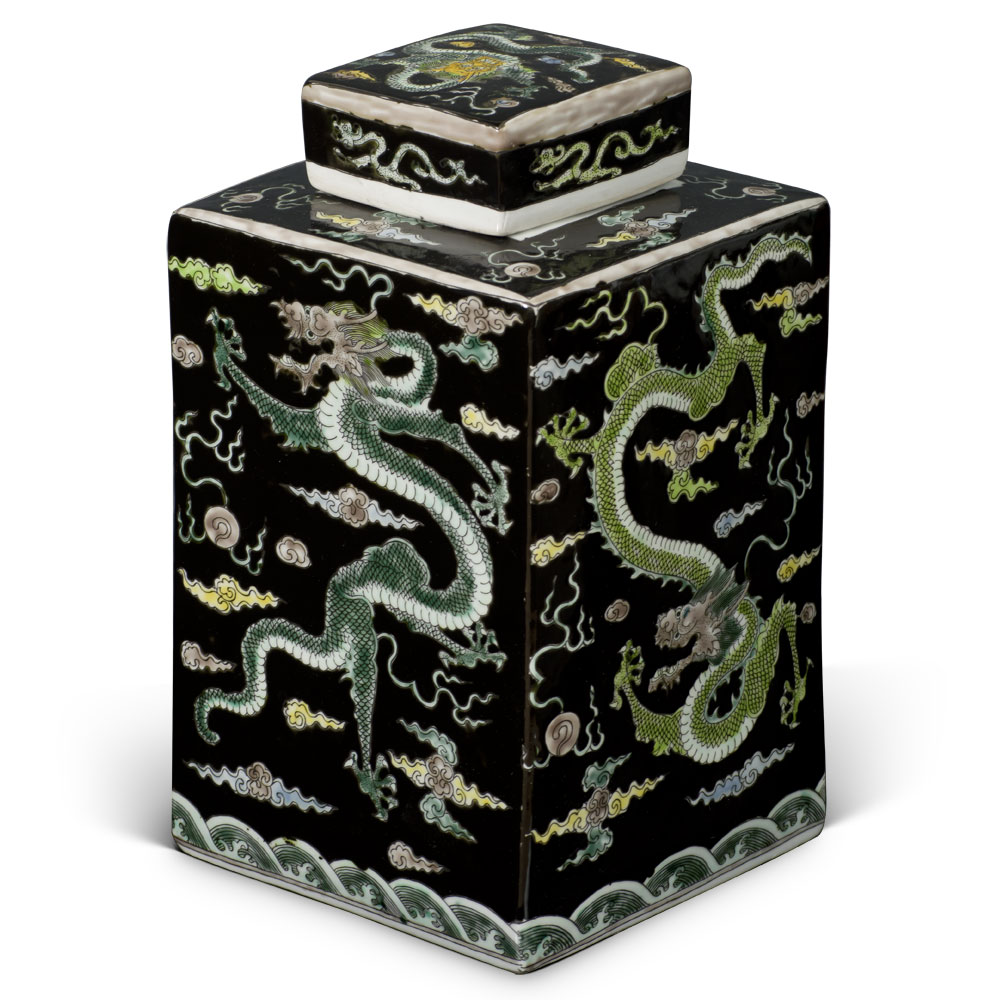 Dark Blue Rectangular Chinese Porcelain Tea Jar with Imperial Dragon Motif