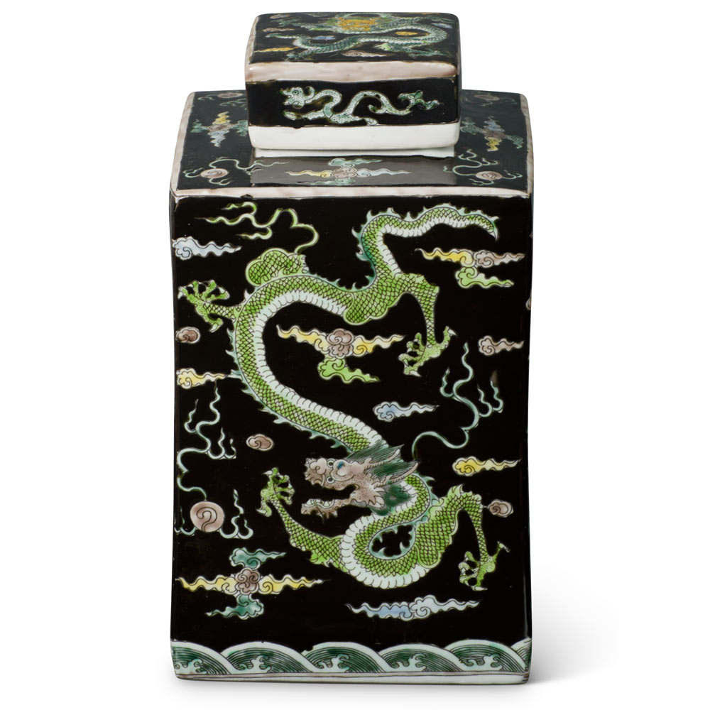 Dark Blue Rectangular Chinese Porcelain Tea Jar with Imperial Dragon Motif