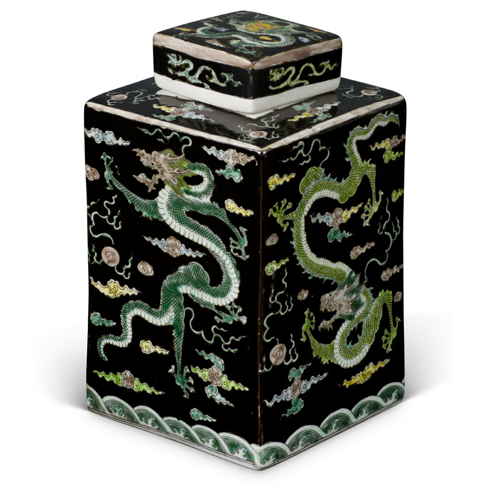 Dark Blue Rectangular Chinese Porcelain Tea Jar with Imperial Dragon Motif