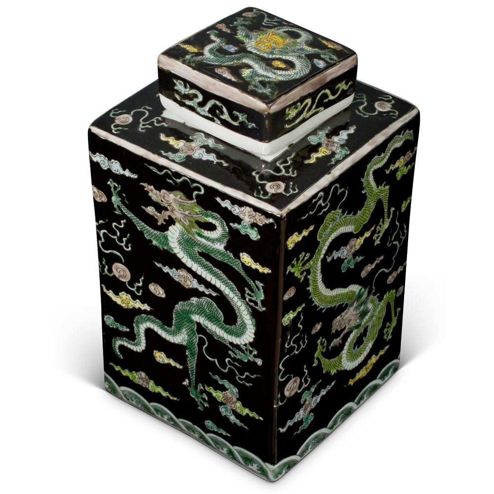 Dark Blue Rectangular Chinese Porcelain Tea Jar with Imperial Dragon Motif