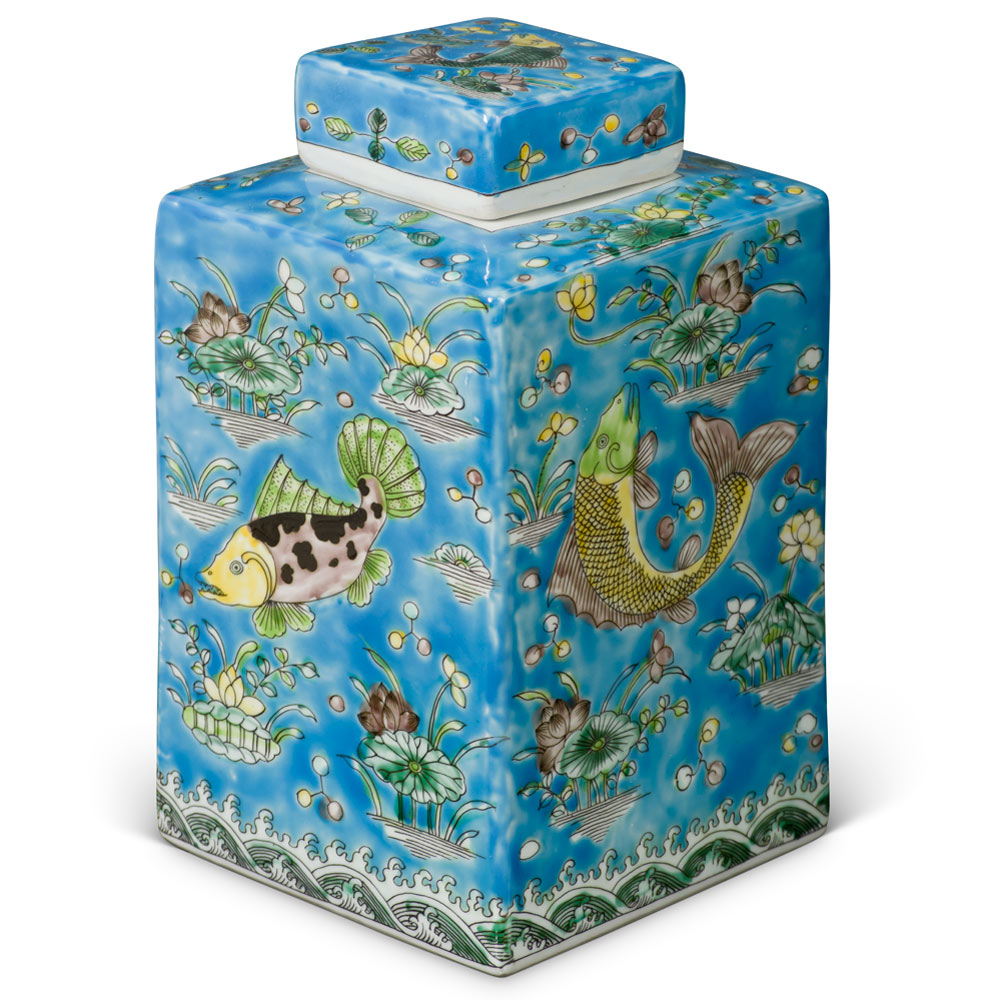 Baby Blue Chinese Rectangular Porcelain Tea Jar with Lotus and Fish Motif
