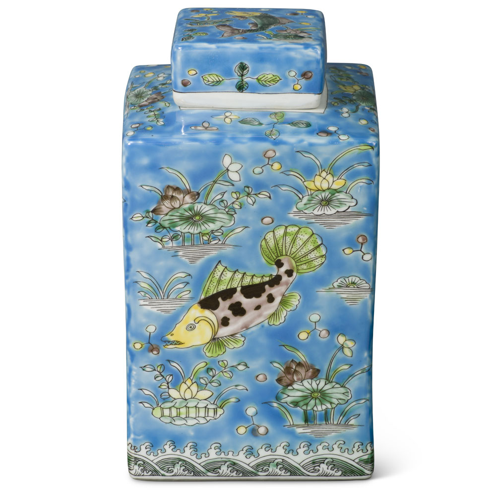 Baby Blue Chinese Rectangular Porcelain Tea Jar with Lotus and Fish Motif