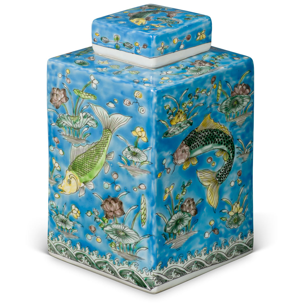 Baby Blue Chinese Rectangular Porcelain Tea Jar with Lotus and Fish Motif