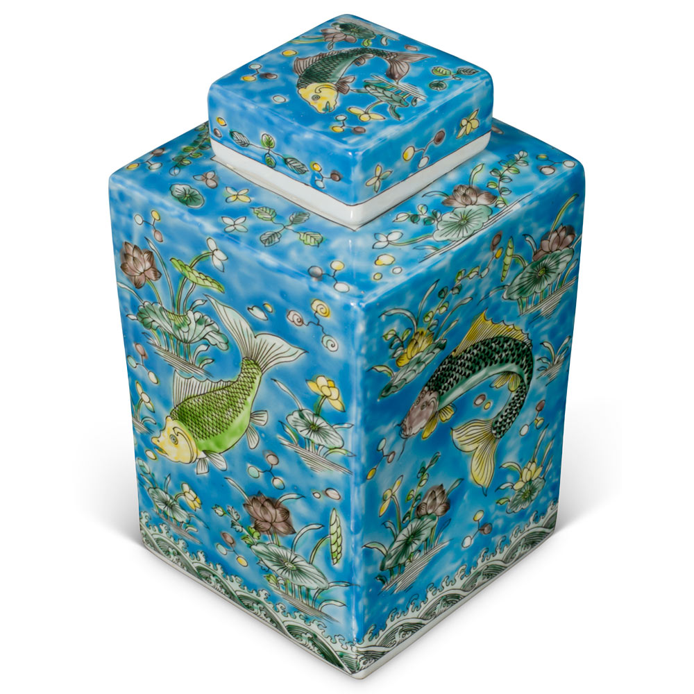 Baby Blue Chinese Rectangular Porcelain Tea Jar with Lotus and Fish Motif